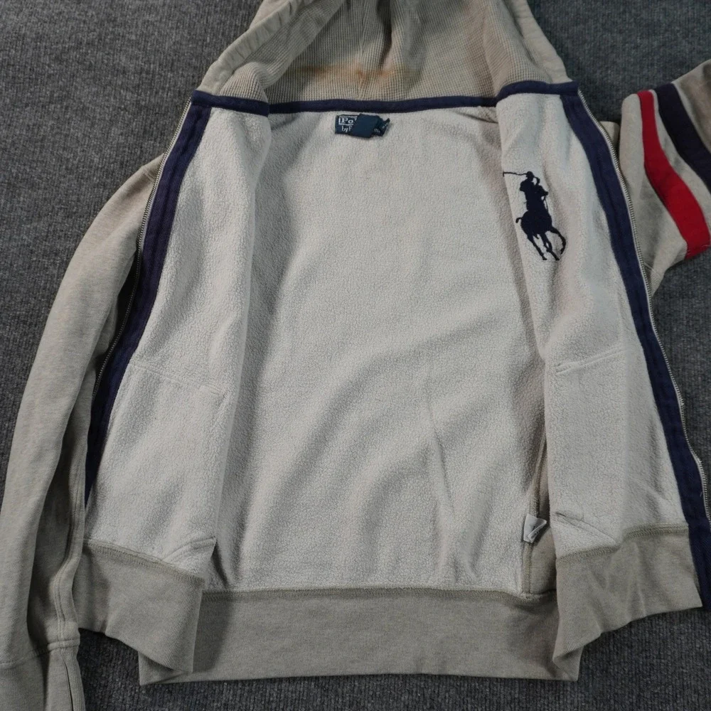 Polo Ralph Lauren Hoodie Mens Large Gray Big Pony Full Zip Sleeve Stripes Logo